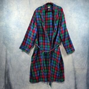 Lands End Flannel Robe XL Blue Green Red Plaid Shawl Collar Belted Loungewear